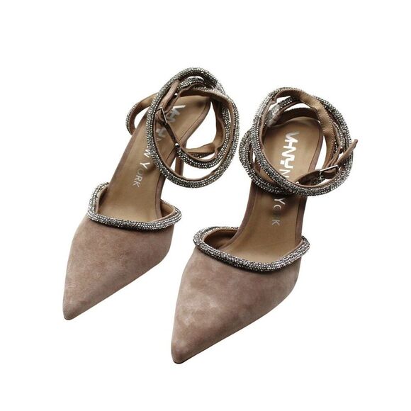Vhny Womens Claudia Suede Pointed Toe Rhinestone Ankle Strap Wrap Heels Womens - Picture 9 of 16